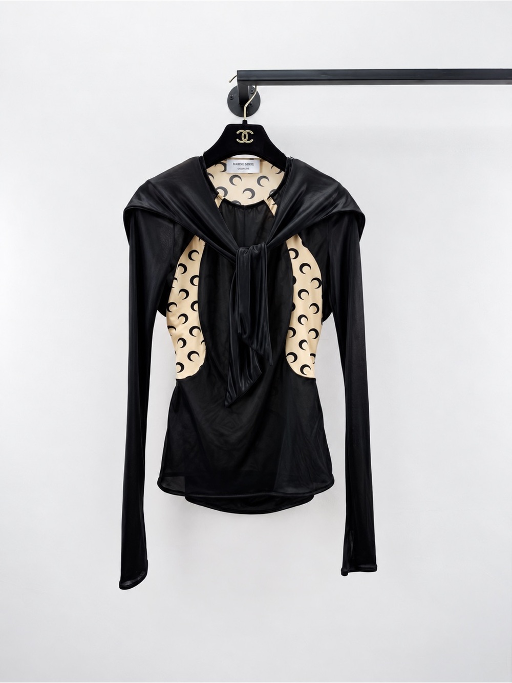 Marine Serre Black Long-Sleeve Top with Cream Crescent Panels and Tie Front